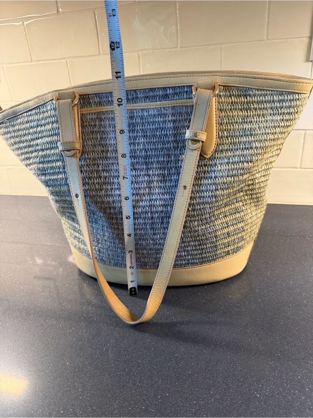 Brahmin Med Bowie Zip-top Blue-GreenWoven Tote with Tan Leather Trim - Picture 5 of 13
